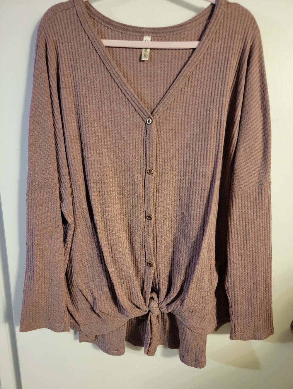 Knot Front Waffle Knit Button-Down Top - Mauve